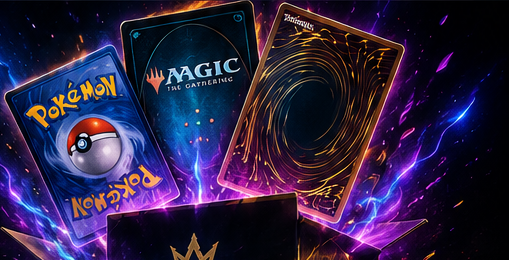 Pokémon, Magic, and fantasy-backed trading cards rising through an electric blue and violet burst